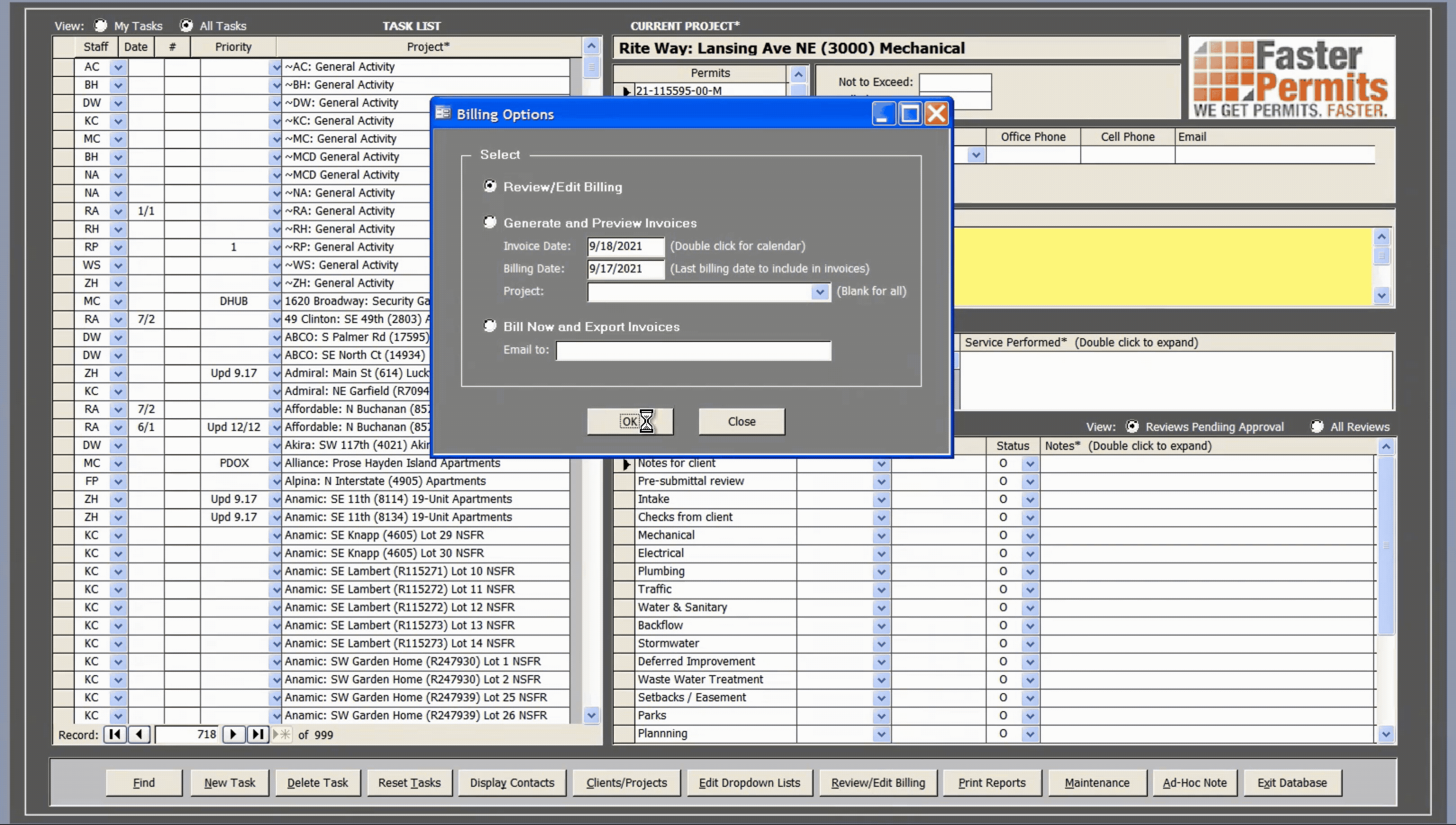 Legacy Review/Edit Billing — the 1,056-row table with spell check modal floating over it